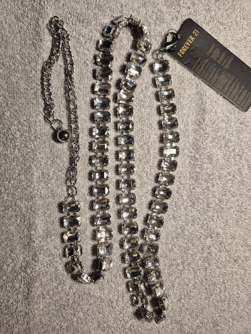 NWT Forever 21 Emerald Cut Rhinestone Chain Belt Long Statement Necklace Silver